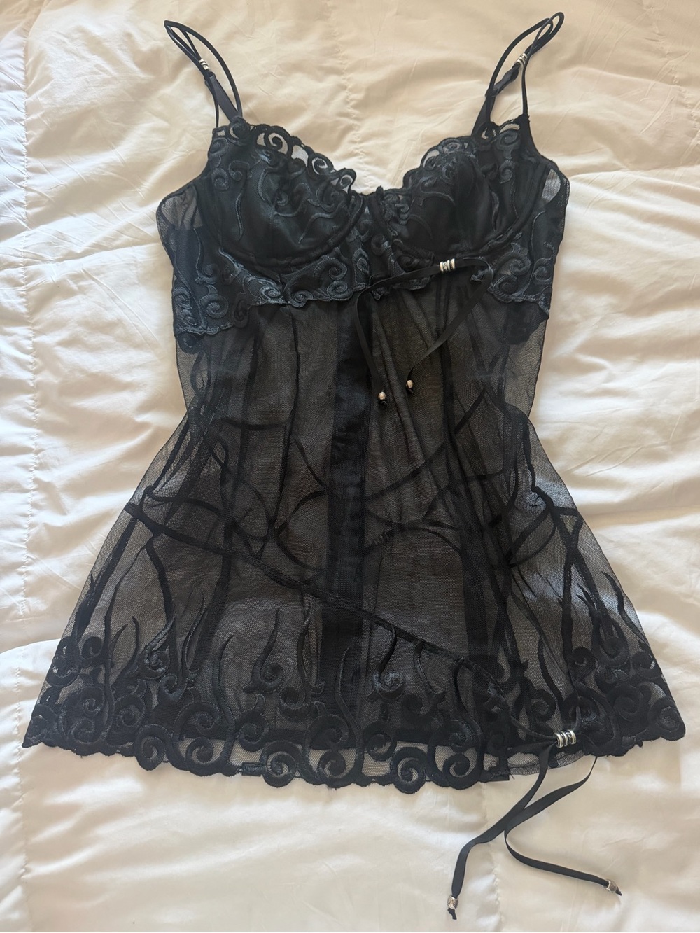 Shirley of Hollywood Black Sheer Lace Corset with Embroidery and Silver Beads
